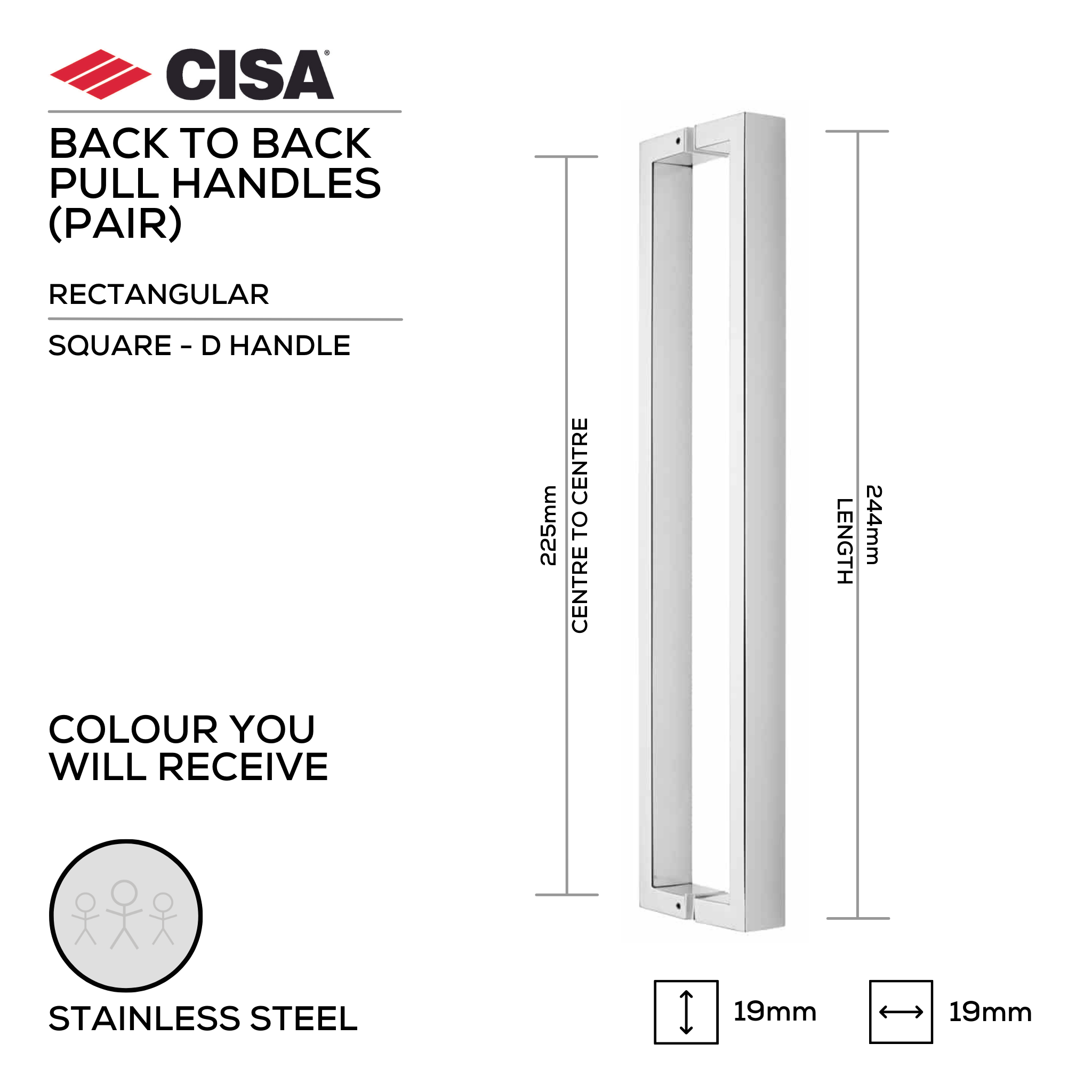 FP.SD01.BB.SS, Pull Handle, Square, D Handle, BTB, 19mm (Ø) x 244mm (l) x 225mm (ctc), Stainless Steel, CISA