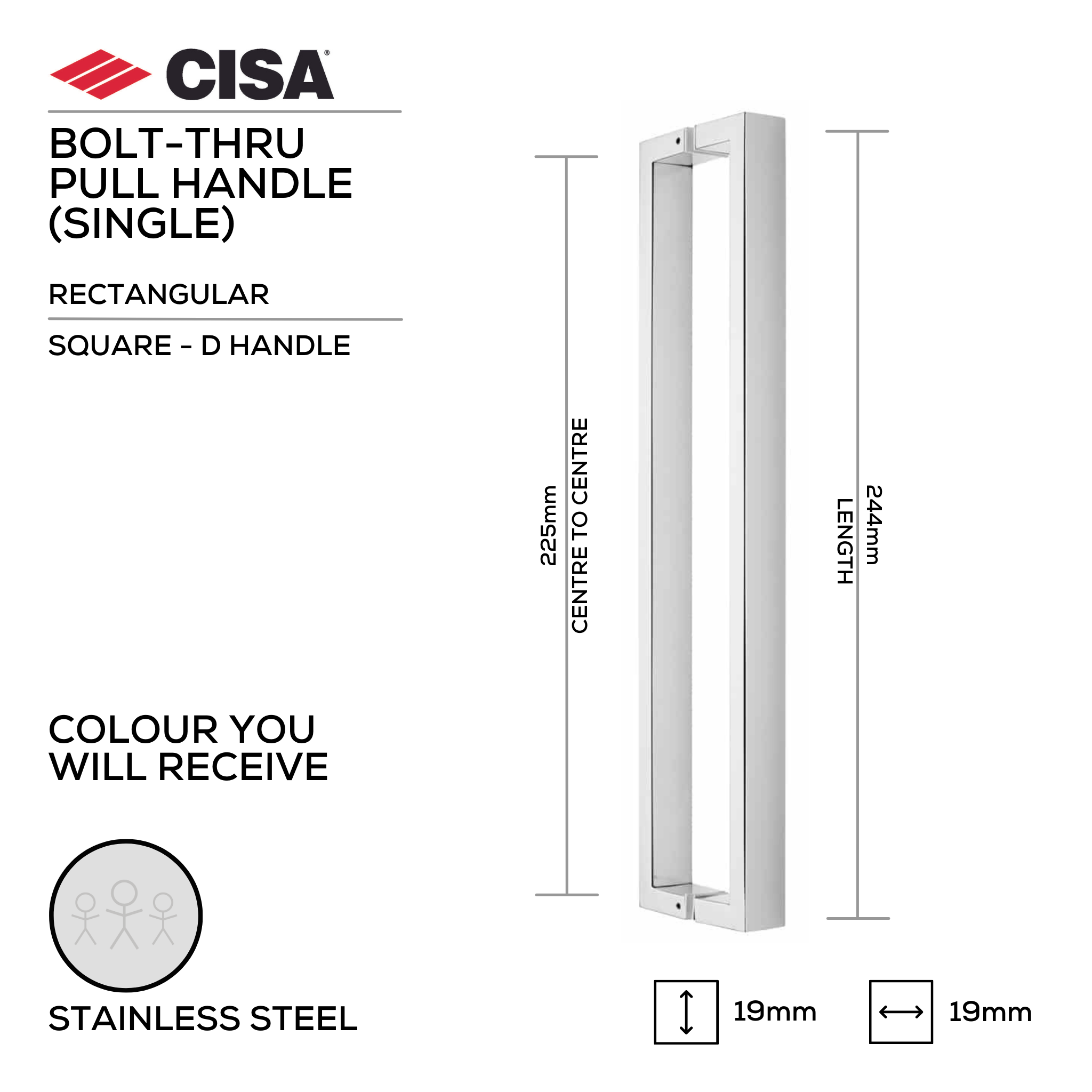 FP.SD01.BTF.SS, Pull Handle, Square, D Handle, BoltThru, 19mm (d) x 244mm (l) x 225mm (ctc), Stainless Steel, CISA