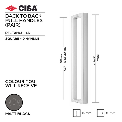 FP.SD02.BB.MBL, Pull Handle, Square, D Handle, BTB, 19mm (Ø) x 319mm (l) x 300mm (ctc), Matt Black, CISA