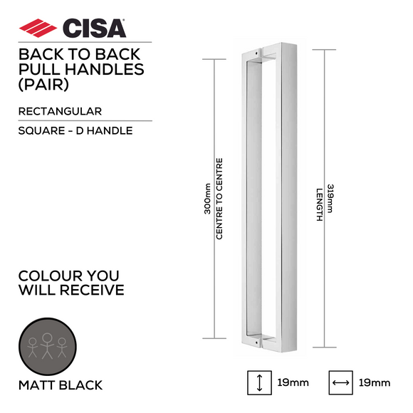 FP.SD02.BB.MBL, Pull Handle, Square, D Handle, BTB, 19mm (Ø) x 319mm (l) x 300mm (ctc), Matt Black, CISA