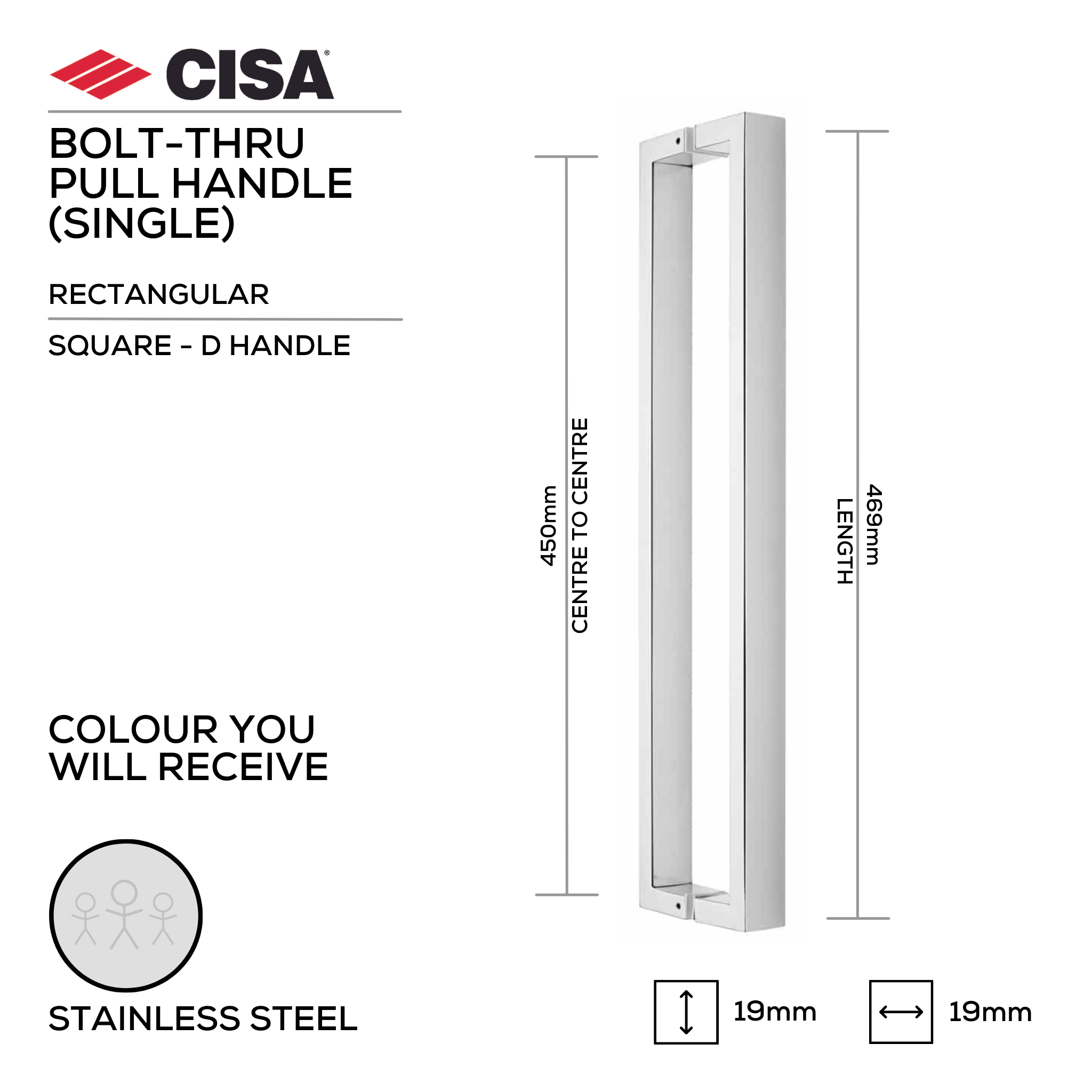 FP.SD03.BTF.SS, Pull Handle, Square, D Handle, BoltThru, 19mm (d) x 469mm (l) x 450mm (ctc), Stainless Steel, CISA
