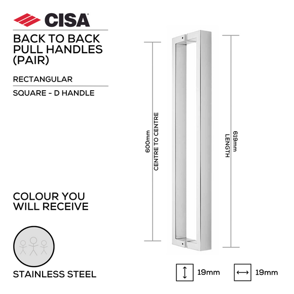 FP.SD04.BB.SS, Pull Handle, Square, D Handle, BTB, 19mm (d) x 619mm (l) x 600mm (ctc), Stainless Steel, CISA