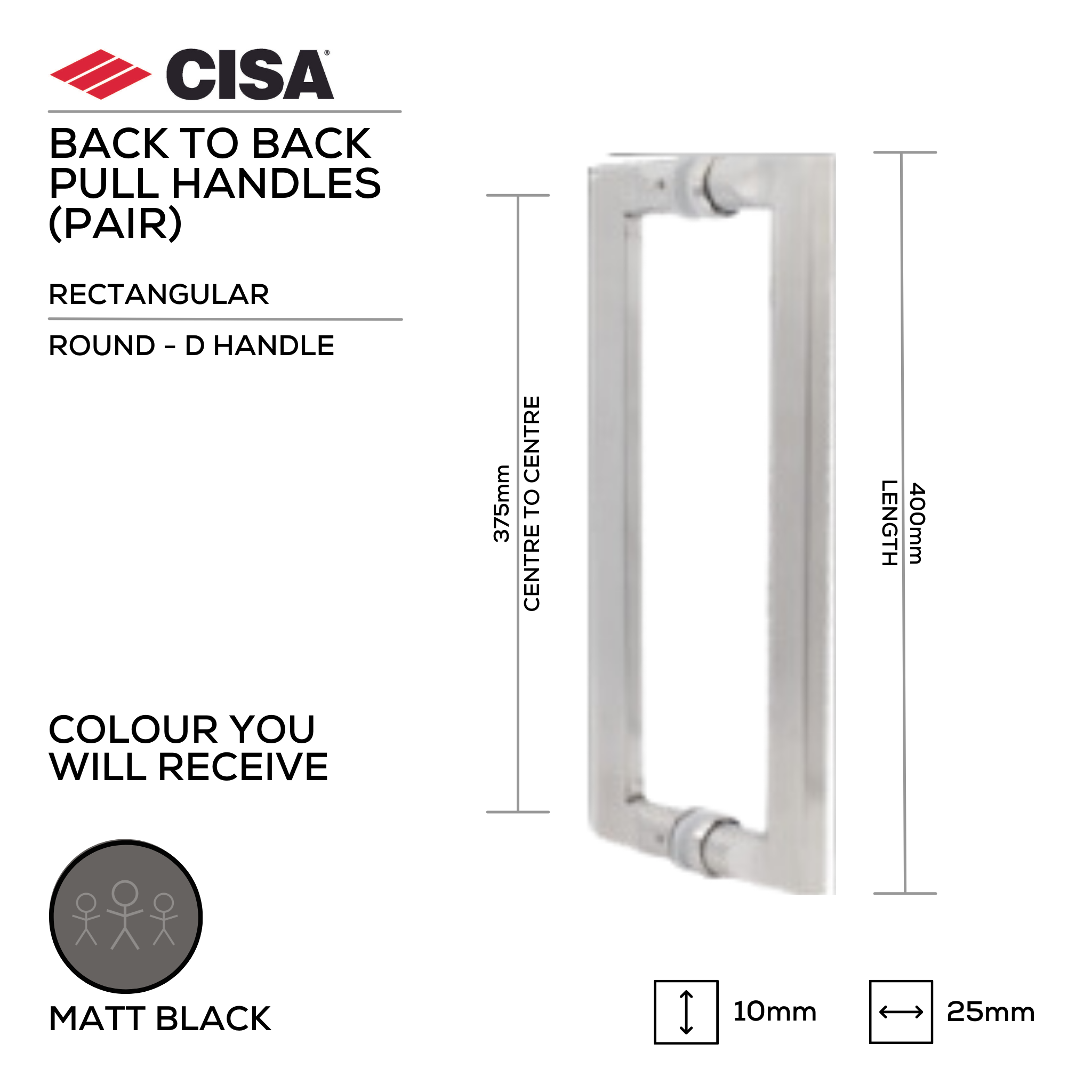 FP.SD10.BB.MBL, Pull Handle, Round, D Handle, BTB, 25mm (Ø) x 300mm (l) x 275mm (ctc), Matt Black, CISA