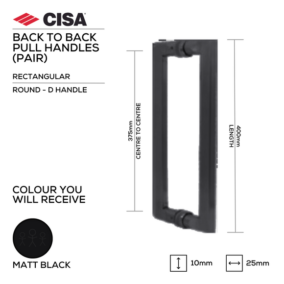 Round D Pull Handle, 300mm, Back-to-Back, Stainless Steel or Matt Black - CISA - Matt Black