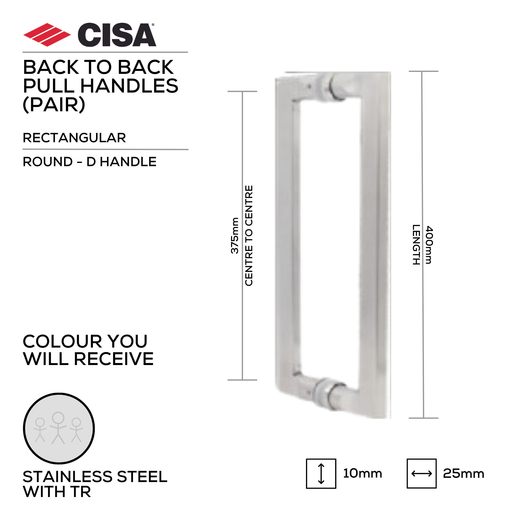 FP.SD10.BB.SS, Pull Handle, Round, D Handle, BTB, 25mm (Ø) x 300mm (l) x 275mm (ctc), Stainless Steel, CISA