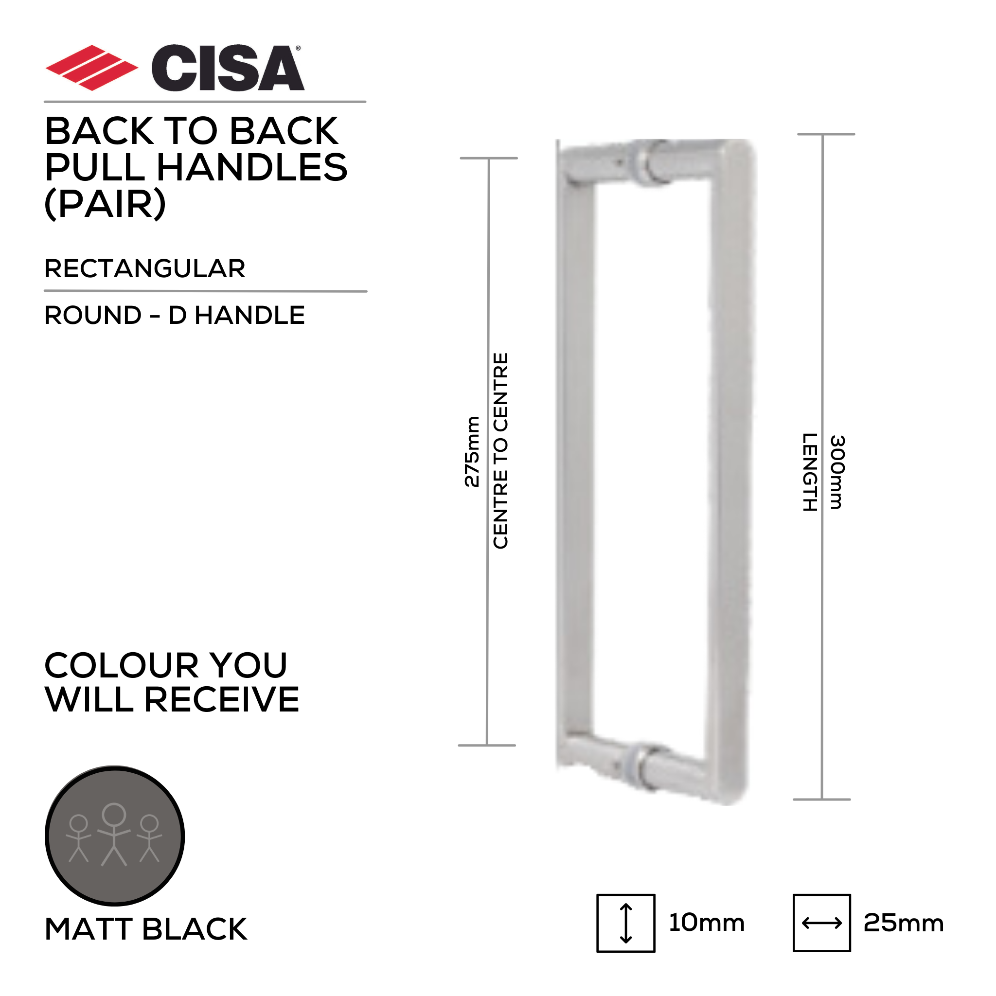 FP.DF30.BB.MBL, Pull Handle, Flat Face, D Handle, BTB, 25x10mm (Ø) x 400mm (l) x 375mm (ctc), Matt Black, CISA