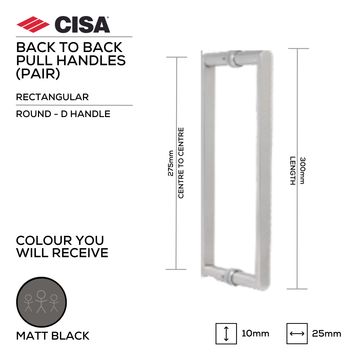 CISA Matt Black Pull Handle for doors, main product view with bold black energy, 25x10mm (Ø) x 400mm (l).