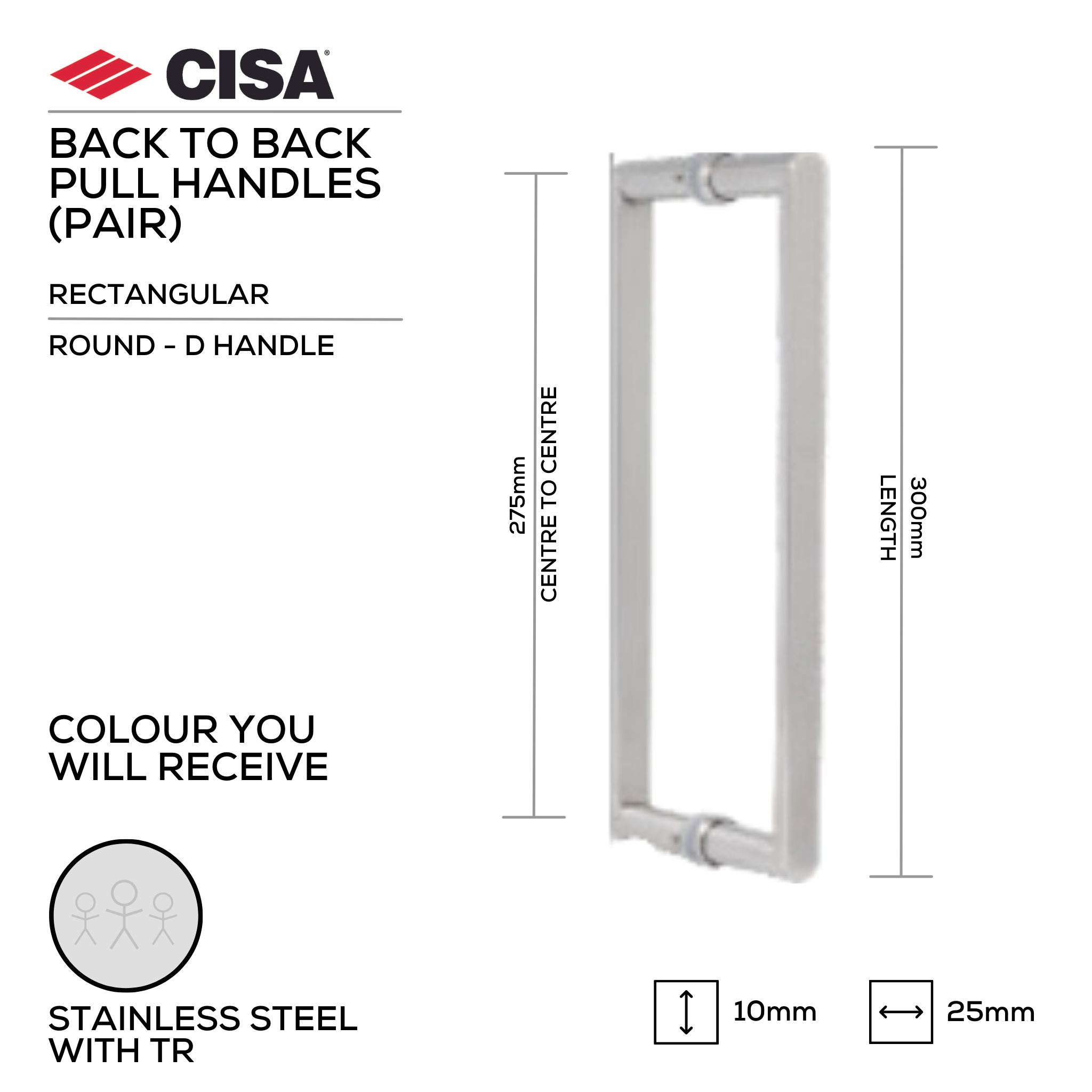 FP.DF30.BB.SS, Pull Handle, Flat Face, D Handle, BTB, 25x10mm (Ø) x 400mm (l) x 375mm (ctc), Stainless Steel, CISA