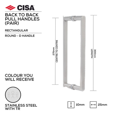 Main product view of CISA Stainless Steel Pull Handle, made for doors with tough stainless shine, 25x10mm (Ø) x 400mm (l).