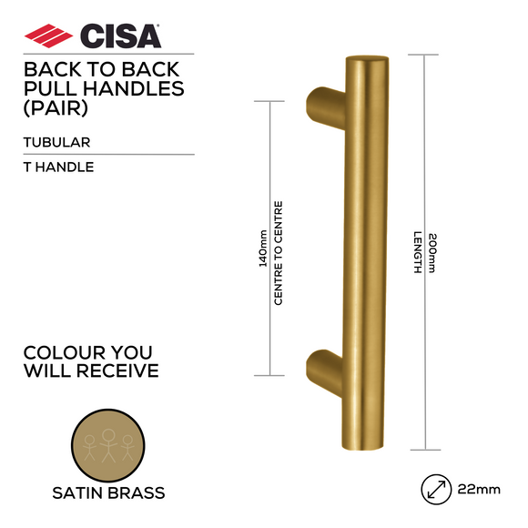 T Handle, 200mm, Back-to-Back, Tarnish Resistant Stainless Steel, Stainless Steel or Satin Brass - CISA - Satin Brass