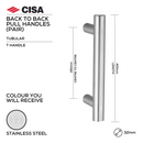 CISA Stainless Steel Pull Handle for doors, main product view with strong stainless style, 32mm (Ø) x 400mm (l).