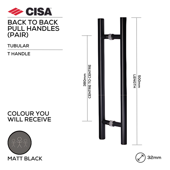 CISA Matt Black Pull Handle main product view; sharp modern attitude for a better door setup, 32mm (Ø) x 500mm (l).