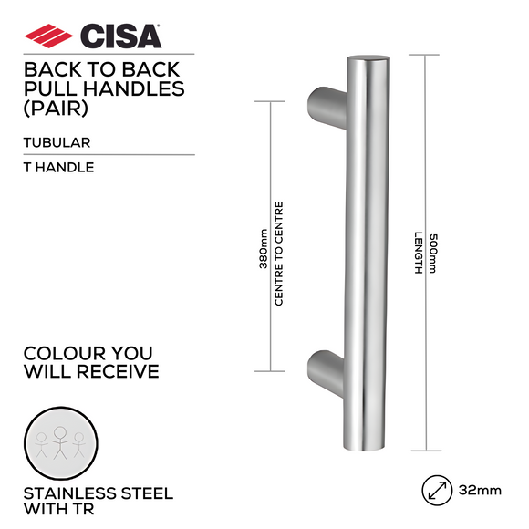 Main product view of CISA Stainless Steel Pull Handle, made for doors with tough stainless shine, 32mm (Ø) x 500mm (l).