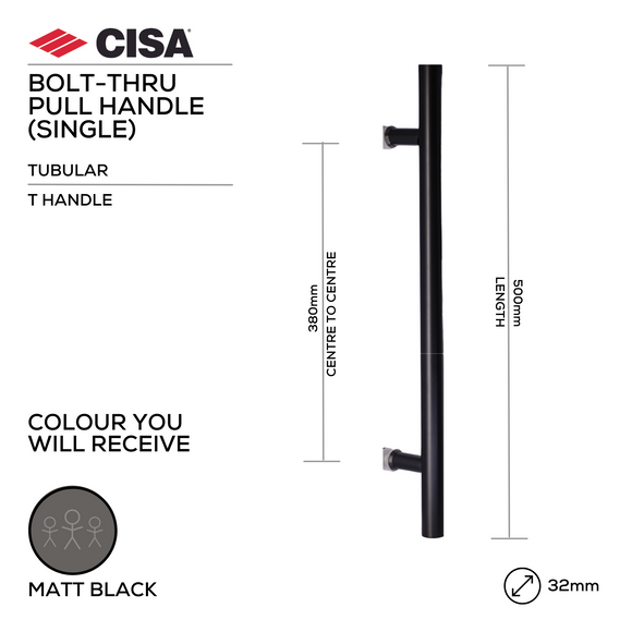 Main product view of CISA Matt Black Pull Handle, made for doors with dark, sleek, and ready to stand out, 32mm (Ø) x 500mm (l).