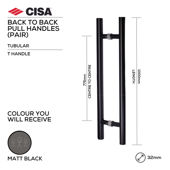 Main product view of CISA Matt Black Pull Handle, made for doors with dark, sleek, and ready to stand out, 32mm (Ø) x 1000mm (l).