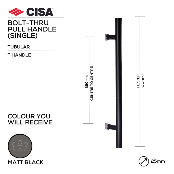 CISA Matt Black Pull Handle main product view; sharp modern attitude for a better door setup, 25mm (Ø) x 500mm (l).