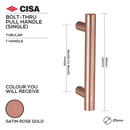 T Pull Handle, 500mm, Bolt-Through, Satin Rose Gold, Stainless Steel or Matt Black - CISA-1
