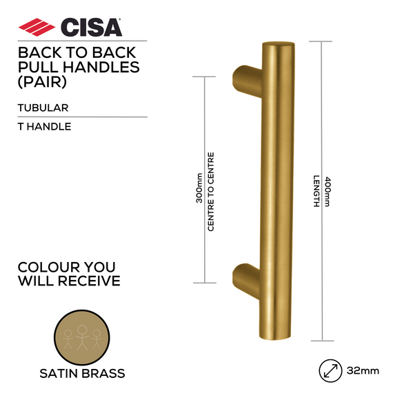Wide-Set T Handle, 400mm, 300mm Centres, Back-to-Back, Stainless Steel, Matt Black or Satin Brass - CISA - Satin Brass