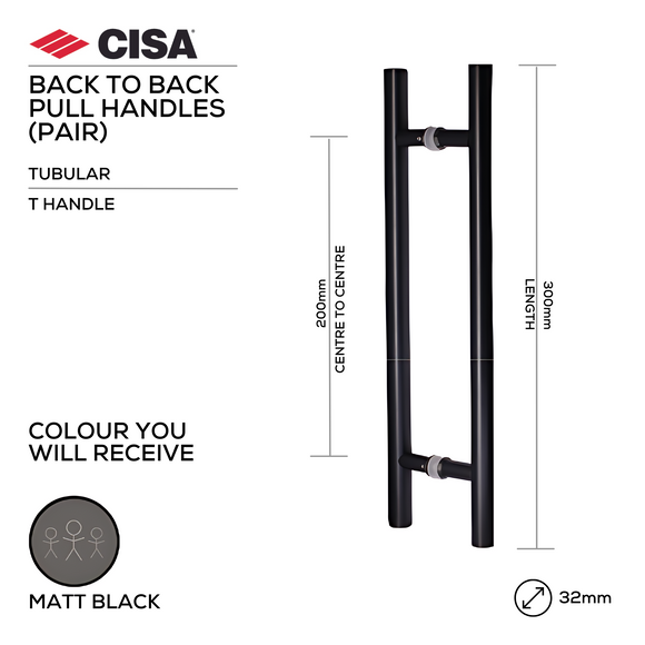 CISA Matt Black Pull Handle for doors, main product view with bold black energy, 32mm (Ø) x 300mm (l).