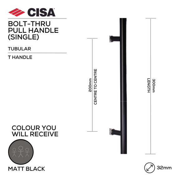 CISA Matt Black Pull Handle main product view; sharp modern attitude for a better door setup, 32mm (Ø) x 300mm (l).
