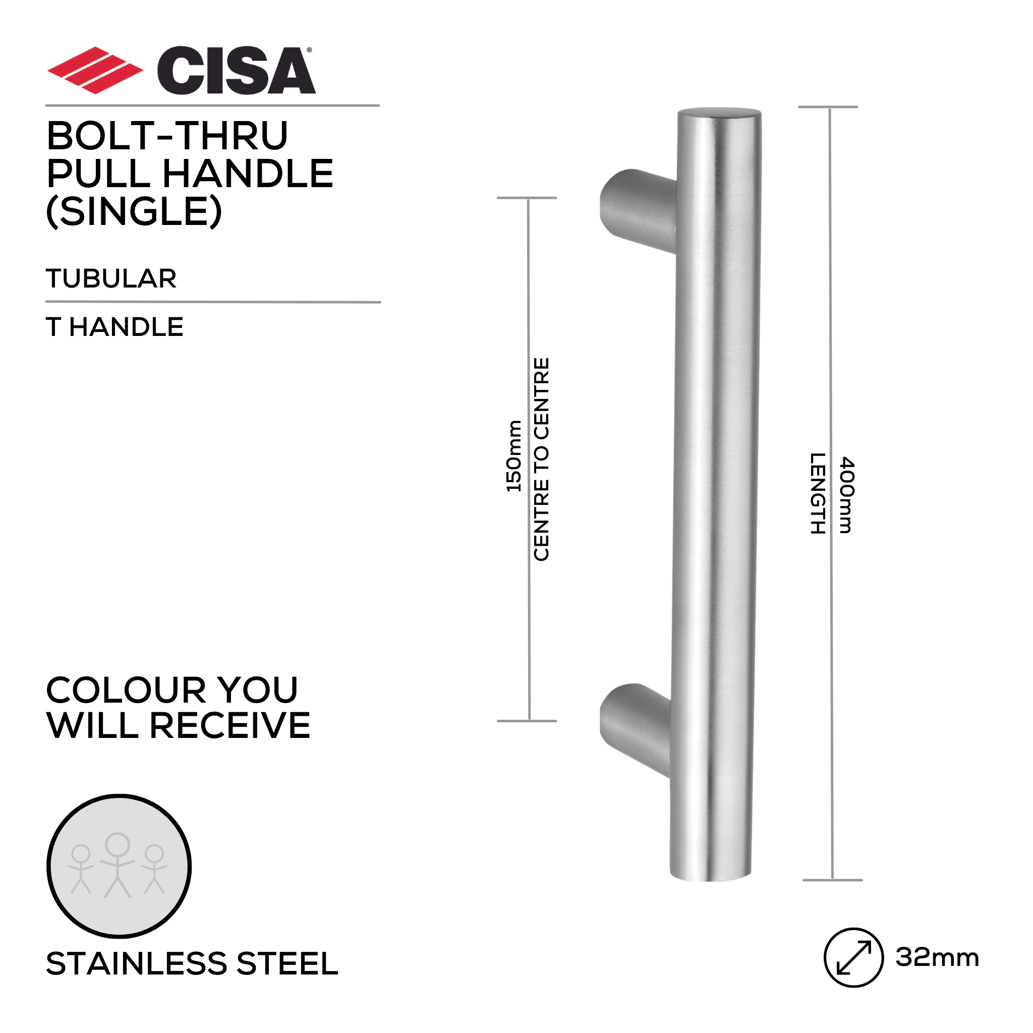 FP.T113.BTF.SS, Pull Handle, Tubular, T Handle, BoltThru, 32mm (Ø) x 400mm (l) x 150mm (ctc), Stainless Steel, CISA