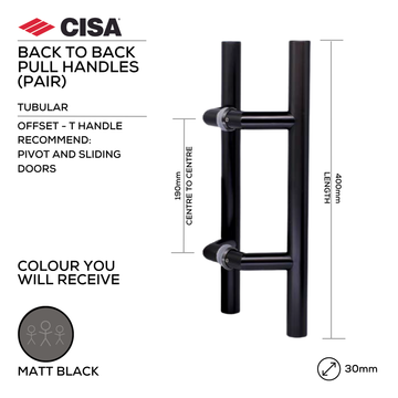 FP.T202.BB.MBL, Pull Handle, Tubular, Offset, T Handle, BTB, 30mm (Ø) x 400mm (l) x 190mm (ctc), Matt Black, CISA