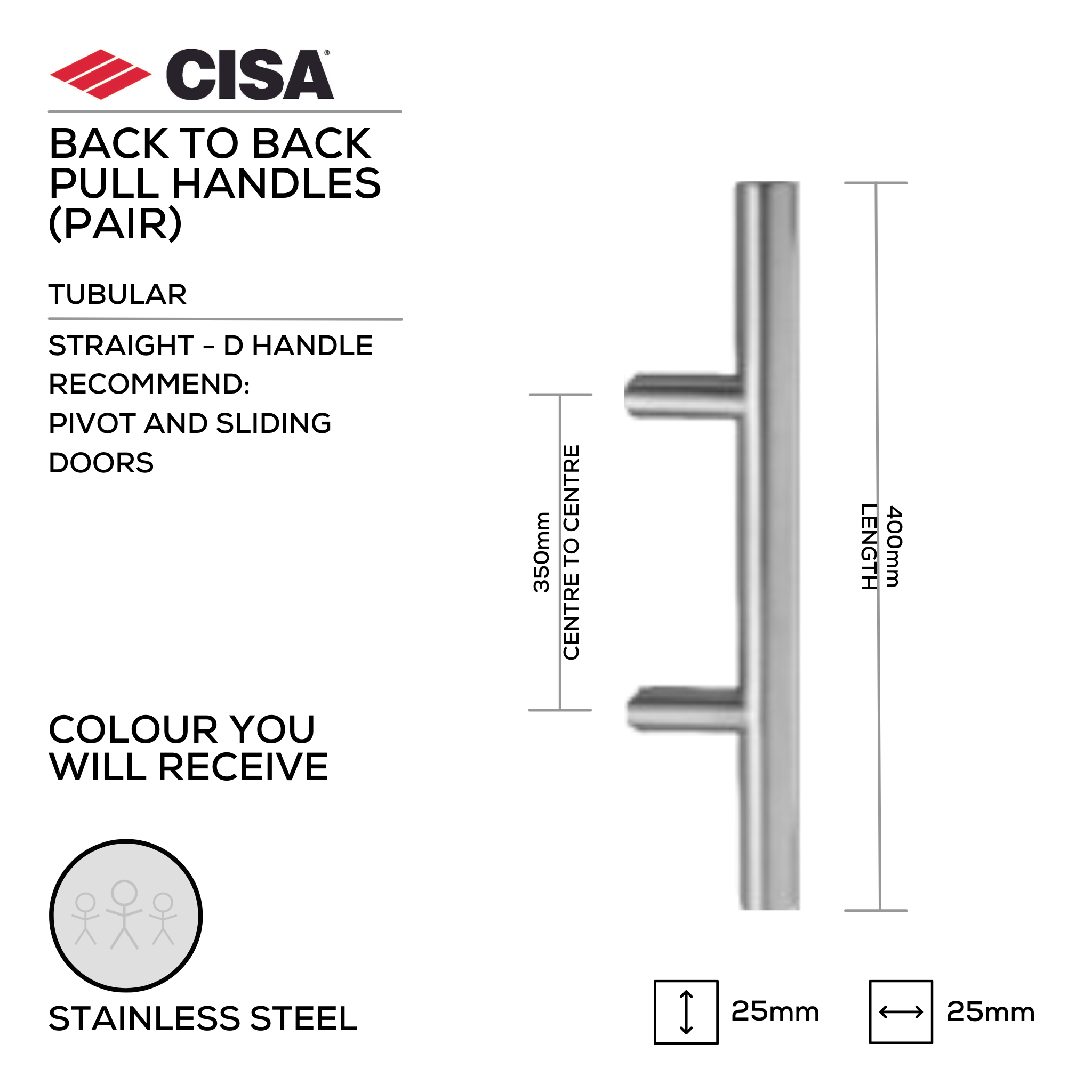 FP.TM31.BB.SS, Pull Handle, Tubular, Mitred , T Handle, BTB, 25mm (Ø) x 400mm (l) x 350mm (ctc), Stainless Steel, CISA