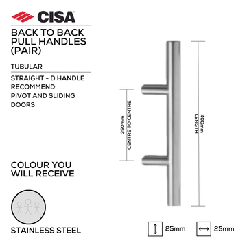 CISA Stainless Steel Pull Handle main product view; clean stainless confidence for a better door setup, 25mm (Ø) x 400mm (l).