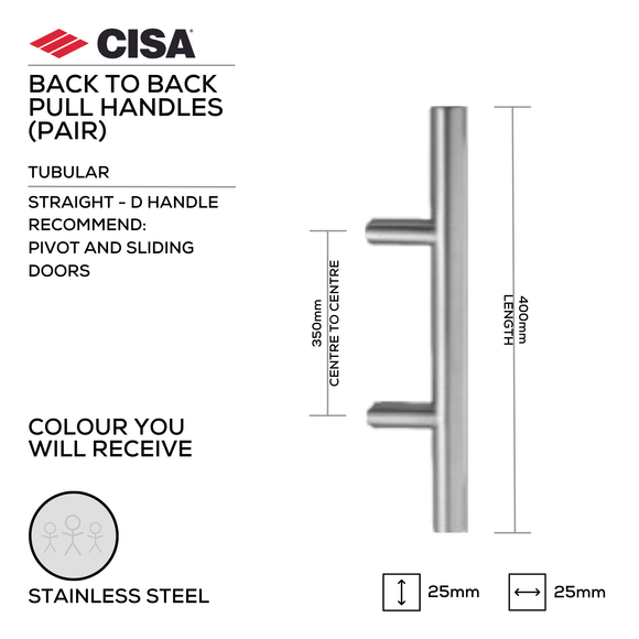 FP.TM31.BB.SS, Pull Handle, Tubular, Mitred , T Handle, BTB, 25mm (Ø) x 400mm (l) x 350mm (ctc), Stainless Steel, CISA