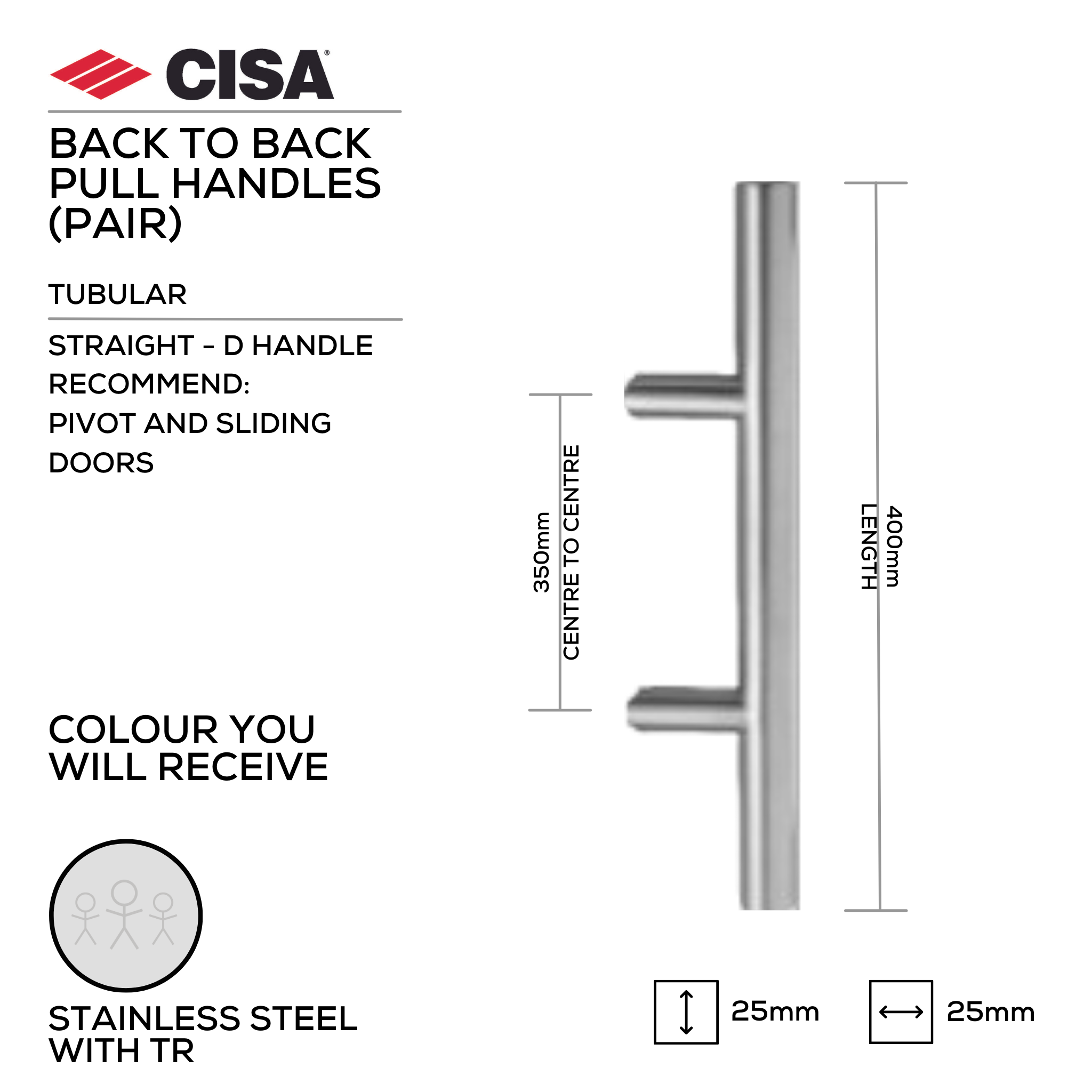 FP.TM31.BB.TR, Pull Handle, Tubular, Mitred , T Handle, BTB, 25mm (Ø) x 400mm (l) x 350mm (ctc), Stainless Steel with Tarnish Resistant, CISA