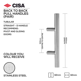 FP.TM32.BB.SS, Pull Handle, Tubular, Mitred , T Handle, BTB, 32mm (Ø) x 600mm (l) x 500mm (ctc), Stainless Steel, CISA