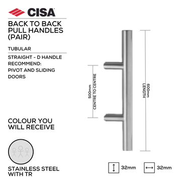 CISA Stainless Steel Pull Handle for doors, main product view with strong stainless style, 32mm (Ø) x 600mm (l).