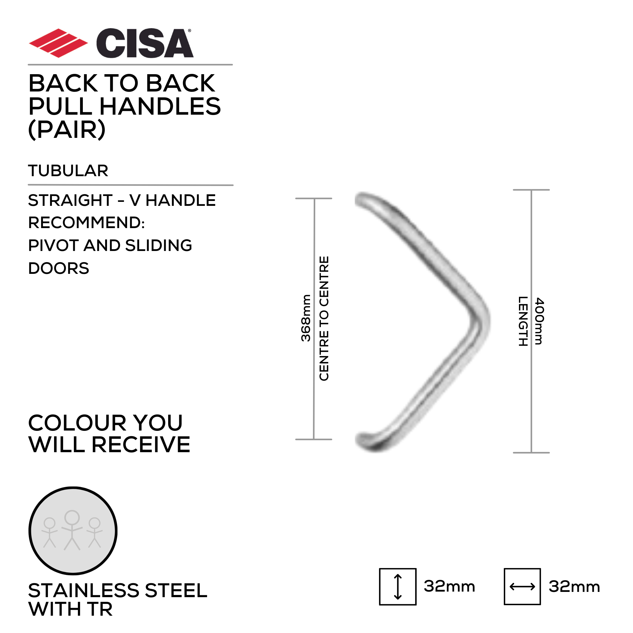 FP.V13.BB.TR, Pull Handle, Tubular, V Handle, BTB, 32mm (Ø) x 400mm (l) x 368mm (ctc), Stainless Steel with Tarnish Resistant, CISA