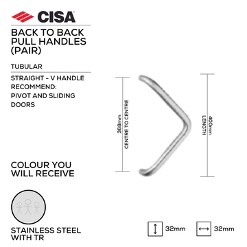 CISA Stainless Steel Pull Handle main product view; clean stainless confidence for a better door setup, 32mm (Ø) x 400mm (l).
