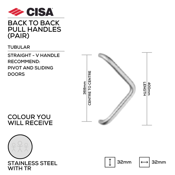 FP.V13.BB.TR, Pull Handle, Tubular, V Handle, BTB, 32mm (Ø) x 400mm (l) x 368mm (ctc), Stainless Steel with Tarnish Resistant, CISA