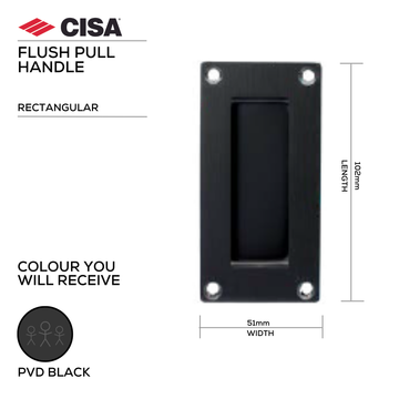 Main product view of CISA Black Pull Handle, made for patio and sliding doors with dark, sleek, and ready to stand out, 102mm (l) x 51mm (w).