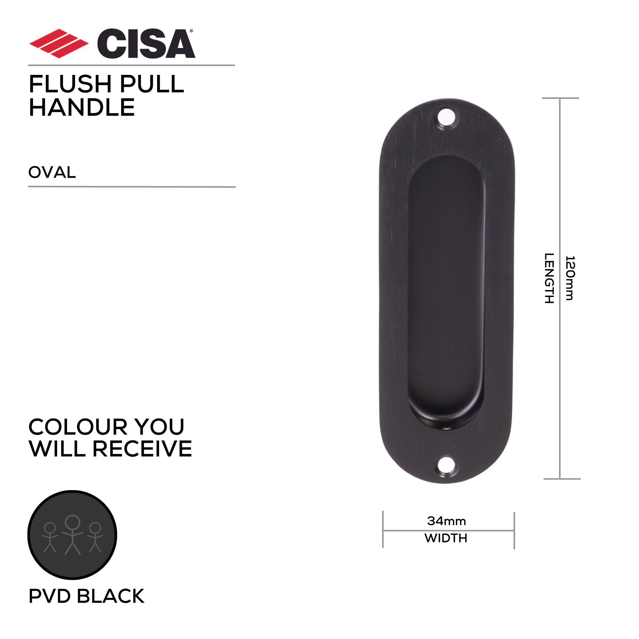 FP03.BL, Flush Pull, Oval, 120mm (l) x 34mm (w), Black, CISA