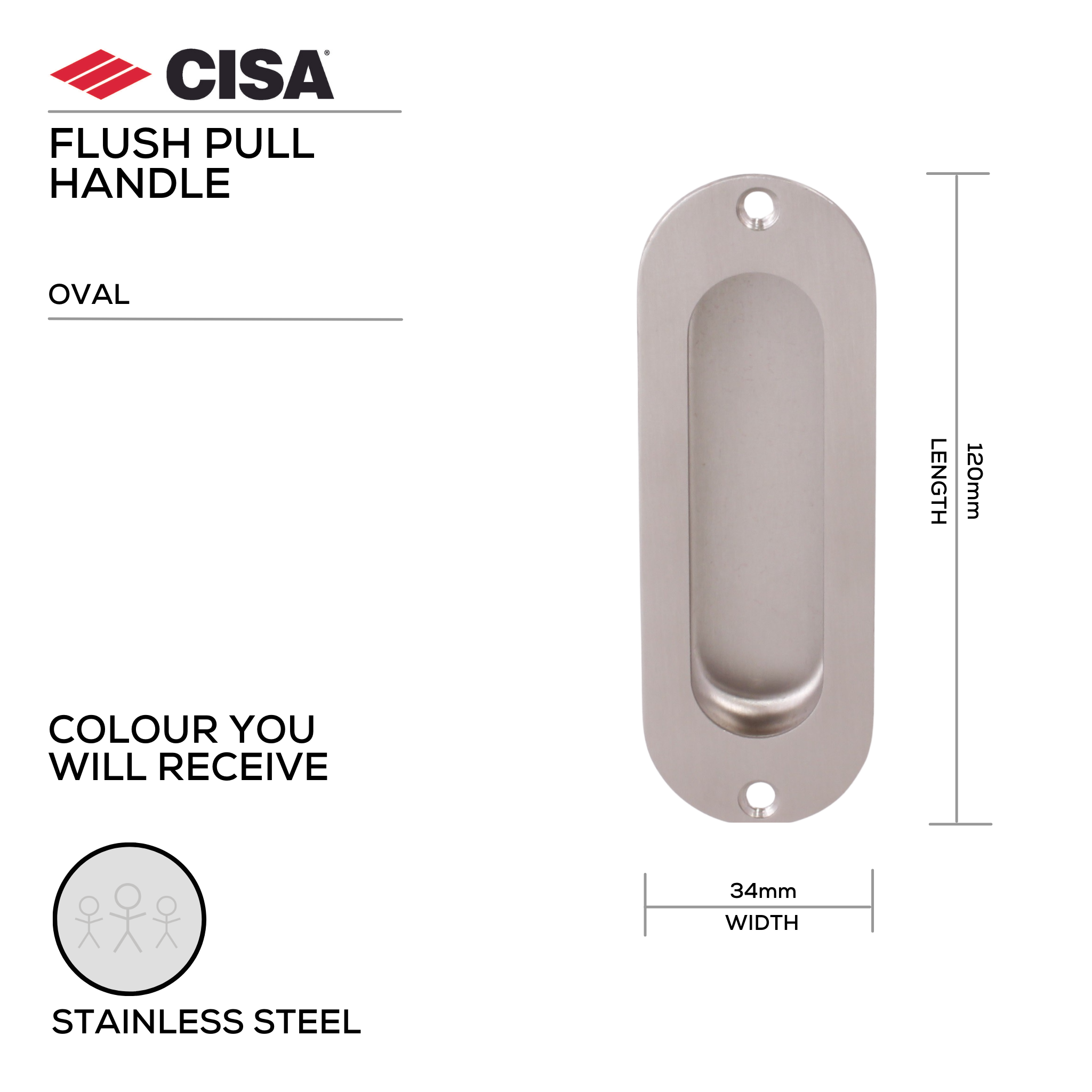 FP03.SS, Flush Pull, Oval, 120mm (l) x 34mm (w), Stainless Steel, CISA