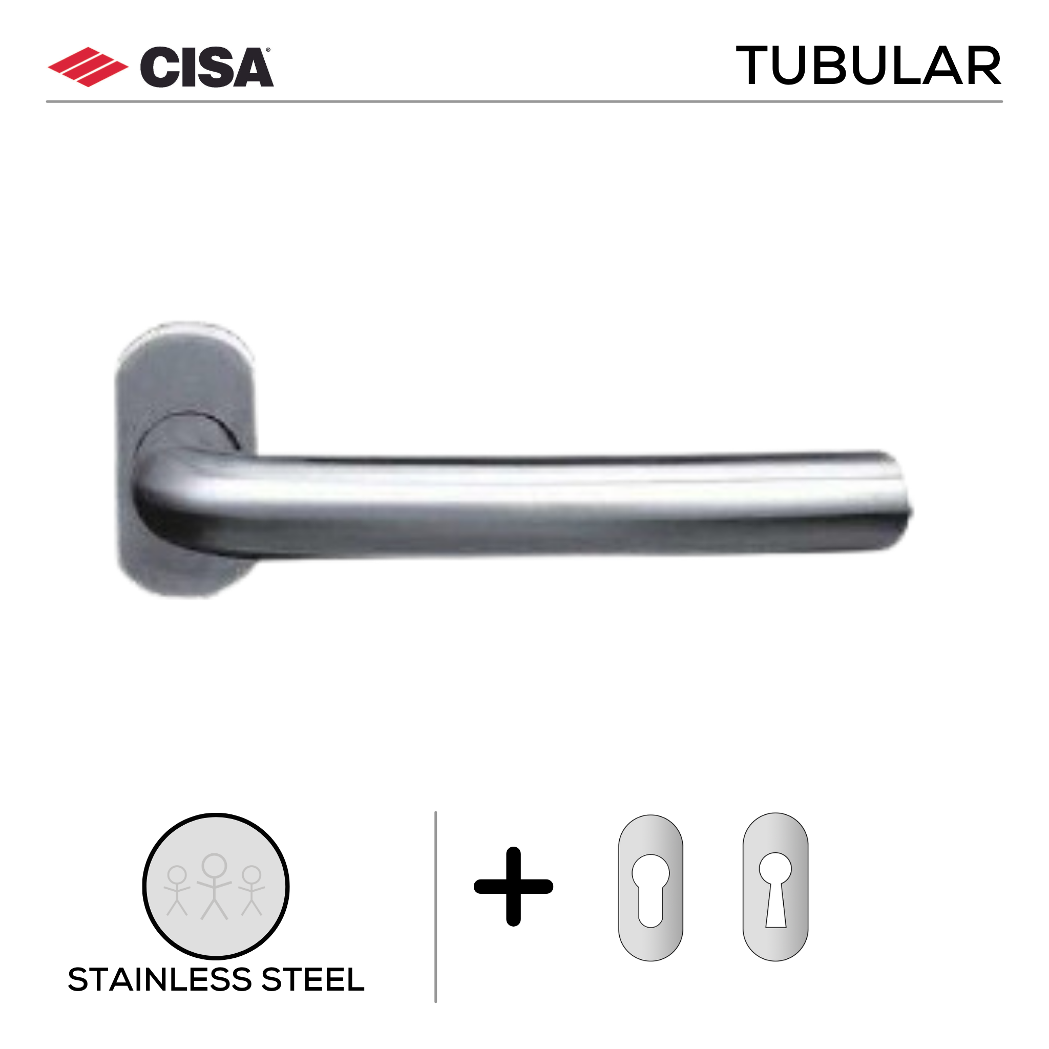 FT01.O._.SS, Lever Handles, Tubular, On Oval Rose, With Cylinder Escutcheons, 134mm (l), Stainless Steel, CISA