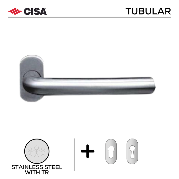 FT01.O._.TR, Lever Handles, Tubular, On Oval Rose, With Escutcheons, 134mm (l), Stainless Steel with Tarnish Resistant, CISA
