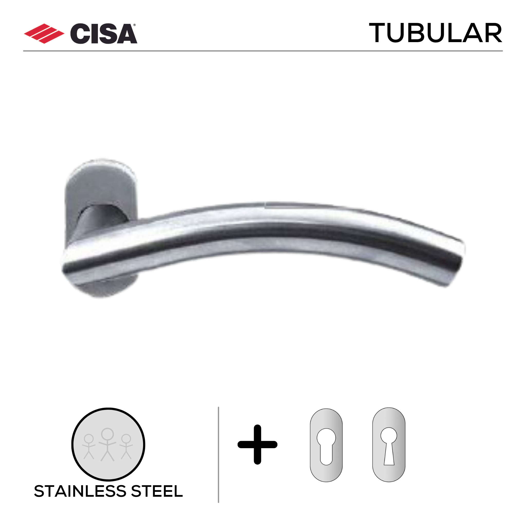 FT03._.SS, Lever Handles, Tubular, On Oval Rose, With Escutcheons, 134mm (l), Stainless Steel, CISA