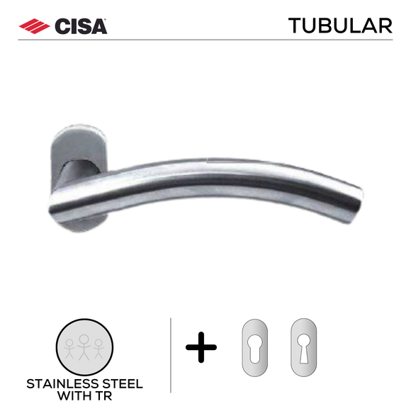 FT03.O._.TR, Lever Handles, Tubular, On Oval Rose, With Escutcheons, 134mm (l), Stainless Steel with Tarnish Resistant, CISA