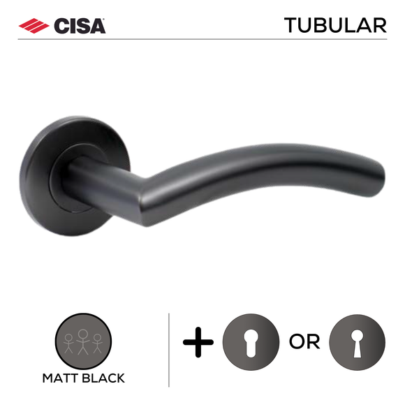 FT03.R._.MBL, Lever Handles, Tubular, On Round Rose, With Escutcheons, 134mm (l), Matt Black, CISA