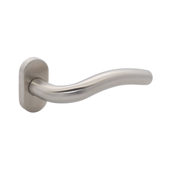 FT12.O._.SS, Lever Handles, Tubular, On Oval Rose, With Cylinder Escutcheons, Stainless Steel, CISA