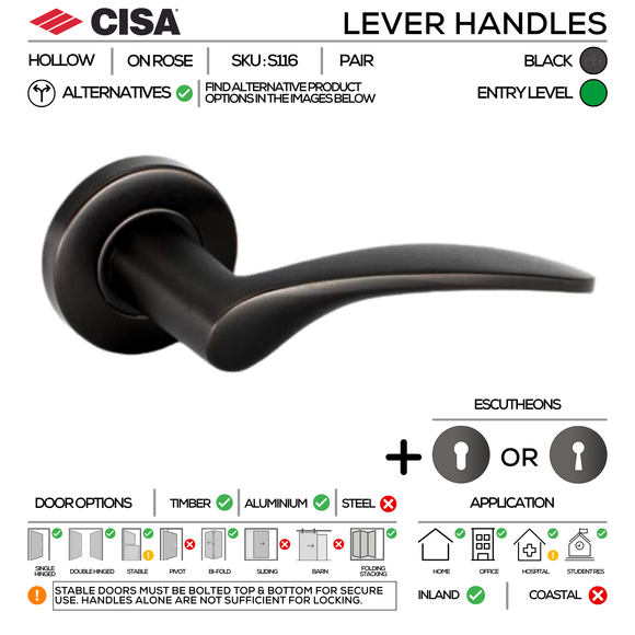 S116 Complete Lockset 2, Lever Handles, Hollow, On Round Rose, With Escutcheons, 137mm (l), Black, Cylinder Sash Lock & Euro Cylinder Set, CISA