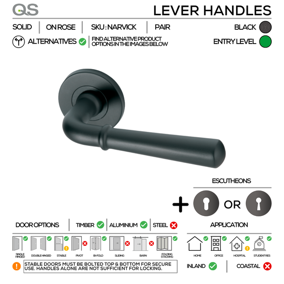NARVICK Complete Knob Blk Lockset, Lever Handles, Solid, On Round Rose, With Escutcheons, Black, Cylinder Sash Lock & Knob Cylinder Set, QS