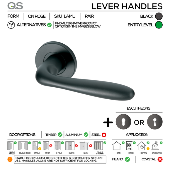 LAMU Complete Euro Blk Lockset, Lever Handles, Form, On Round Rose, With Escutcheons, Black, Cylinder Sash Lock & Euro Cylinder Set, QS