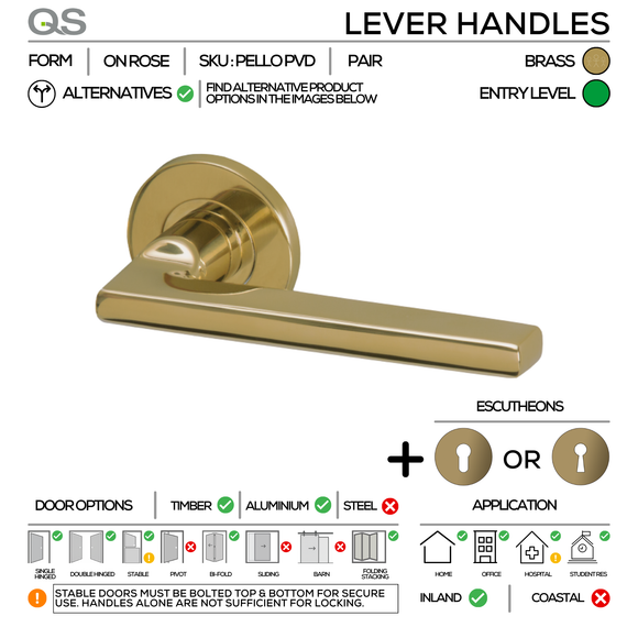 PELLO Complete Euro PVD Lockset, Lever Handles, Form, On Round Rose, With Escutcheons, Satin Brass, Cylinder Sash Lock & Euro Cylinder Set, QS