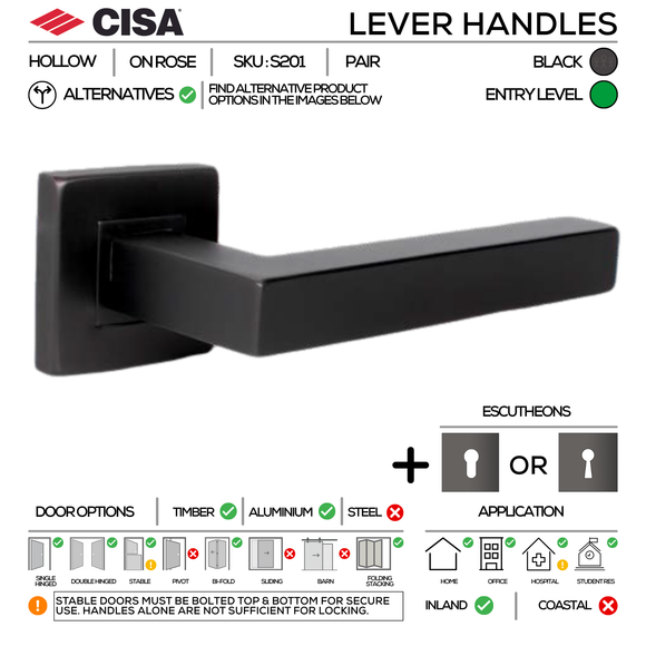 S201 KNOB Complete Lockset 6, Lever Handles, Hollow, On Square Rose, With Escutcheons, 137mm (l), Black, Sash Lock & Knob Cylinder Set, CISA