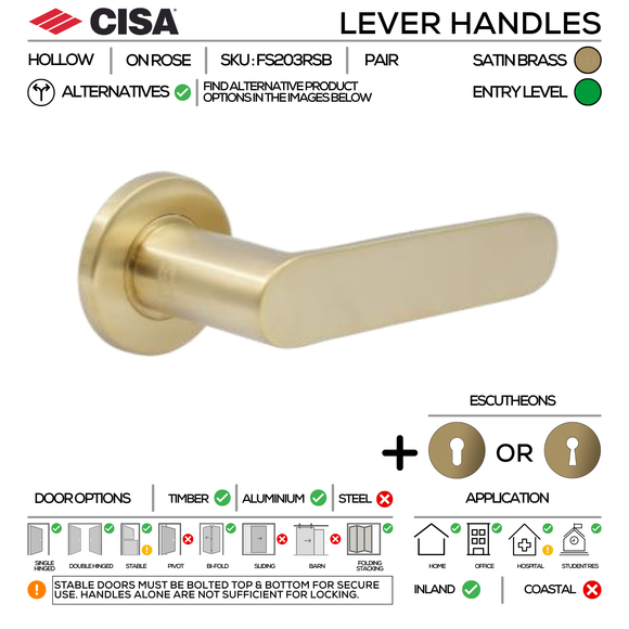 FS203 Complete Lockset 3B, Lever Handles, Hollow, On Round Rose, With Escutcheons, 137mm (l), Satin Brass, Cylinder Sash Lock & Euro Cylinder Set, CISA